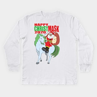 Muscle Santa Blue Riding Unicorn Kids Long Sleeve T-Shirt